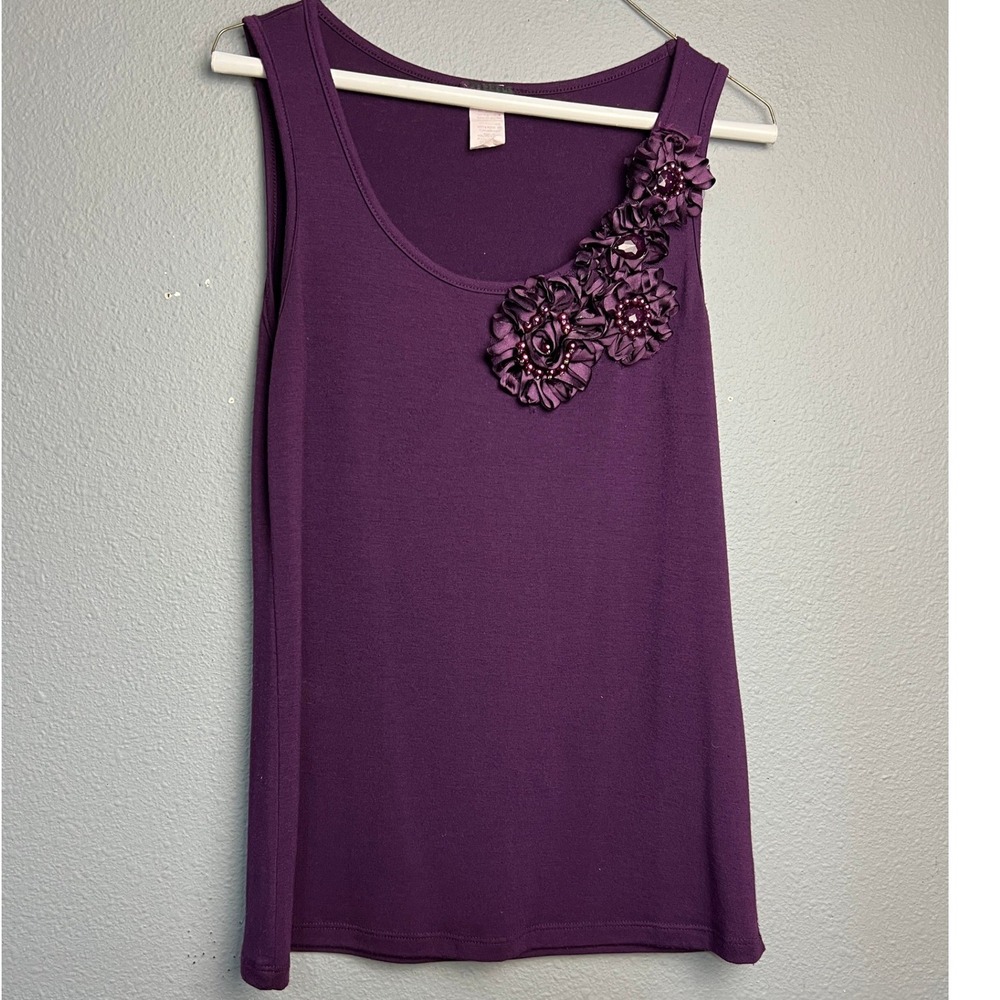 Agenda Purple Y2K 70s Sleeveless Tank Top 3D Floral Beaded Gem Accents Small